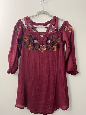 Francesca's Collections Burgundy Embroidered Mini Dress
